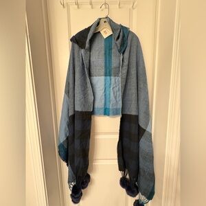 Echo New York Hooded Blue and Black Plaid Wrap Scarf with Tassels